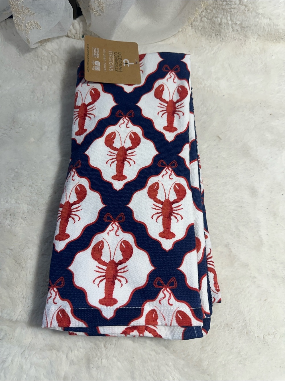 Deborah Connolly set of 3 navy blue with red lobsters kitchen towels